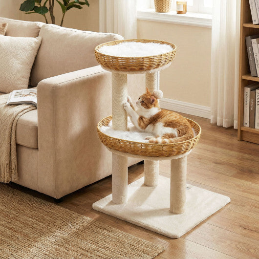 30-Inch Cat Tower with 2 Rattan Cat Baskets for Indoor Kittens-Beige W2B