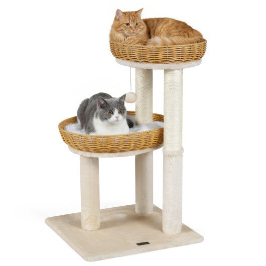 30-Inch Cat Tower with 2 Rattan Cat Baskets for Indoor Kittens-Beige W2B