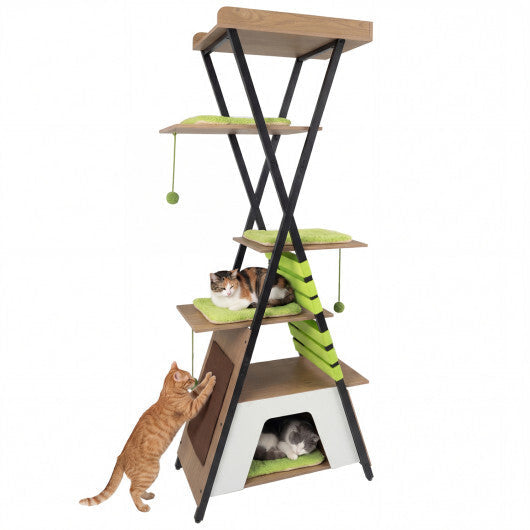 73 Inch Multi-level Cat Tree for Indoor Cats with Elevated Perch and Large Condo-Green W2B