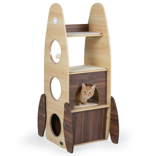 Rocket Cat Tree 47 Inch Large Wooden Cat Tower for Indoor Cats-Natural W2B