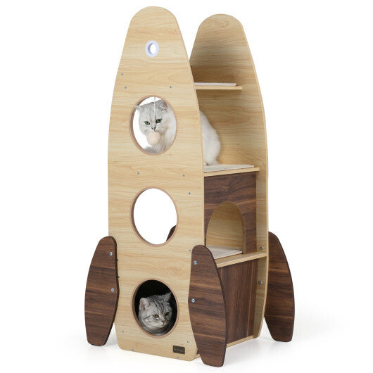 Rocket Cat Tree 47 Inch Large Wooden Cat Tower for Indoor Cats-Natural W2B