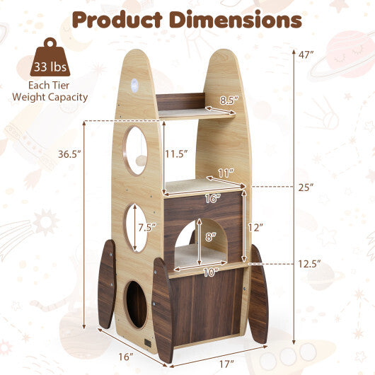 Rocket Cat Tree 47 Inch Large Wooden Cat Tower for Indoor Cats-Natural W2B
