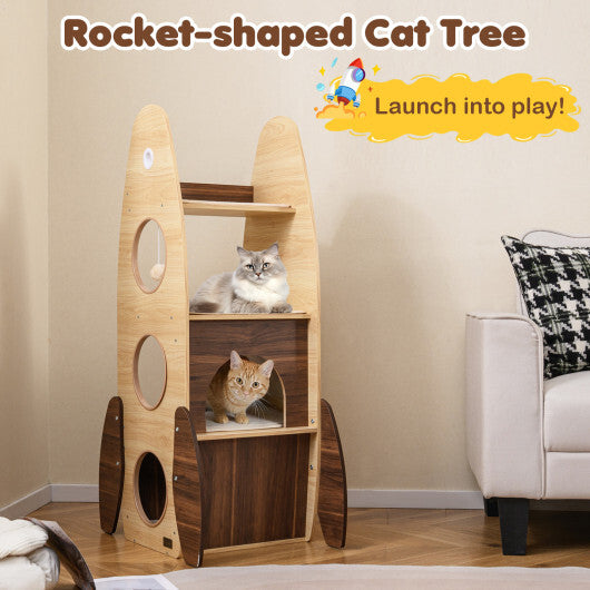 Rocket Cat Tree 47 Inch Large Wooden Cat Tower for Indoor Cats-Natural W2B