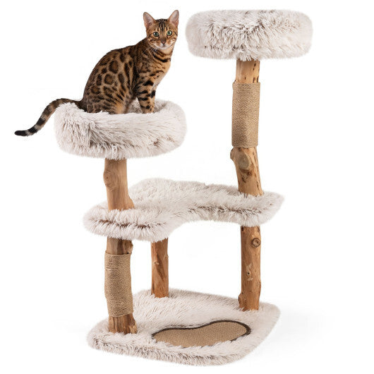 40" Modern Cat Tree Tower with Luxury Real Wood Natural Branch and 2 Padded Perches for Pets-White W2B
