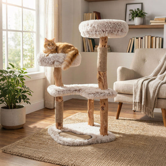 40" Modern Cat Tree Tower with Luxury Real Wood Natural Branch and 2 Padded Perches for Pets-White W2B