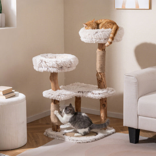 40" Modern Cat Tree Tower with Luxury Real Wood Natural Branch and 2 Padded Perches for Pets-White W2B