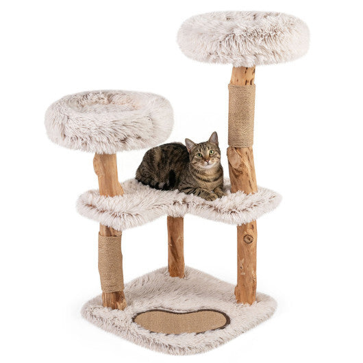40" Modern Cat Tree Tower with Luxury Real Wood Natural Branch and 2 Padded Perches for Pets-White W2B