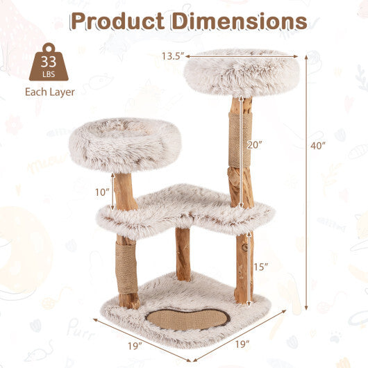 40" Modern Cat Tree Tower with Luxury Real Wood Natural Branch and 2 Padded Perches for Pets-White W2B