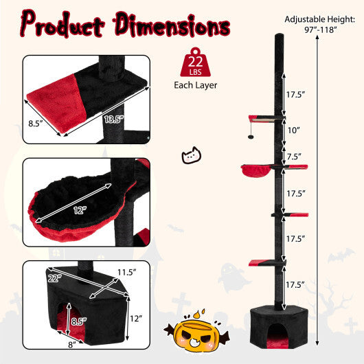 Floor to Ceiling Gothic Cat Tree 97-118 Inches Adjustable 5-Tier with Condo-Black W2B