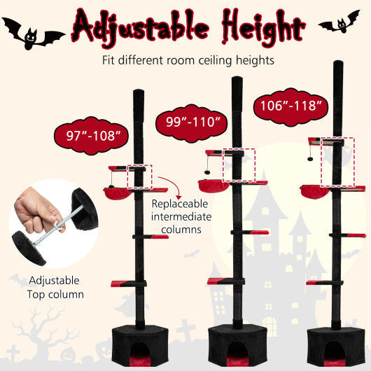 Floor to Ceiling Gothic Cat Tree 97-118 Inches Adjustable 5-Tier with Condo-Black W2B