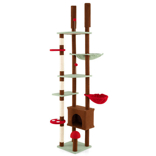 Floor to Ceiling Cat Tree Adjustable Mushroom Themed with Condo and Hammock-Brown W2B