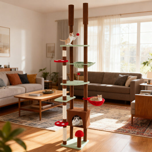 Floor to Ceiling Cat Tree Adjustable Mushroom Themed with Condo and Hammock-Brown W2B