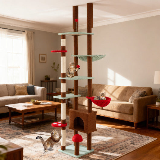 Floor to Ceiling Cat Tree Adjustable Mushroom Themed with Condo and Hammock-Brown W2B
