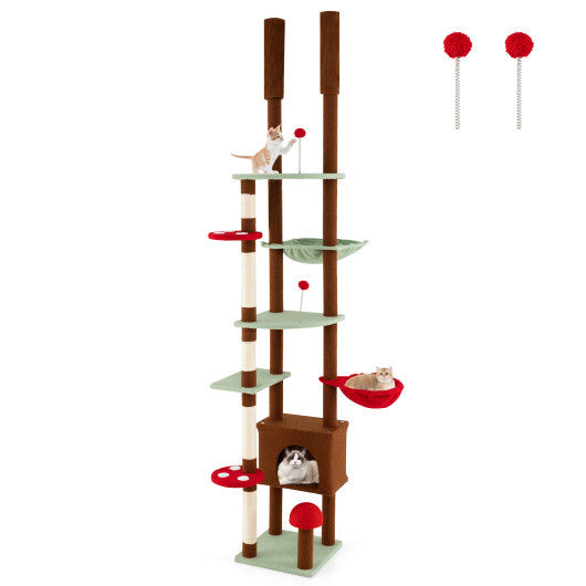 Floor to Ceiling Cat Tree Adjustable Mushroom Themed with Condo and Hammock-Brown W2B