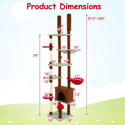 Floor to Ceiling Cat Tree Adjustable Mushroom Themed with Condo and Hammock-Brown W2B