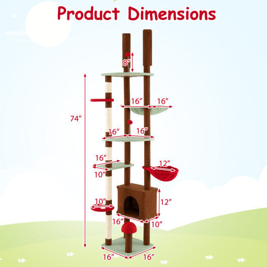 Floor to Ceiling Cat Tree Adjustable Mushroom Themed with Condo and Hammock-Brown W2B
