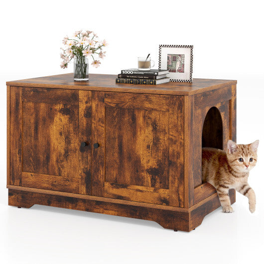 Cat Litter Box Enclosure Furniture Indoor Wooden Cat House End Side Table Nightstand-Brown W2B