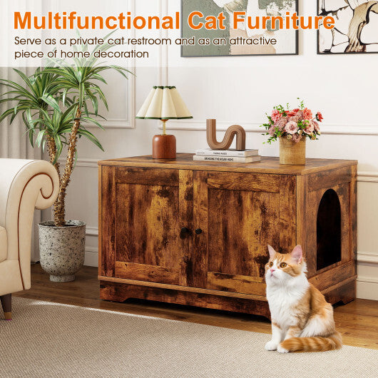 Cat Litter Box Enclosure Furniture Indoor Wooden Cat House End Side Table Nightstand-Brown W2B