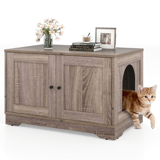 Cat Litter Box Enclosure Furniture Indoor Wooden Cat House End Side Table Nightstand-Brown W2B