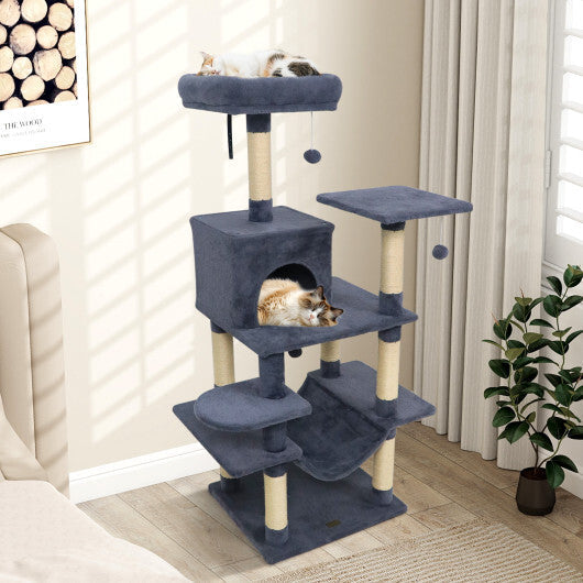 58" Multi-Level Cat Tree Soft Plush Cat Tower with Padded Top Perch-Grey W2B
