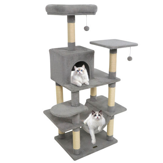 58" Multi-Level Cat Tree Soft Plush Cat Tower with Padded Top Perch-Grey W2B