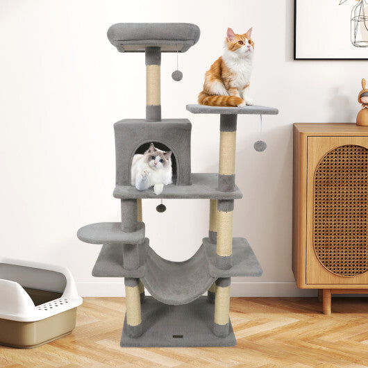 58" Multi-Level Cat Tree Soft Plush Cat Tower with Padded Top Perch-Grey W2B