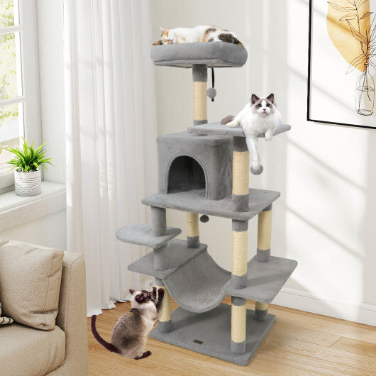 58" Multi-Level Cat Tree Soft Plush Cat Tower with Padded Top Perch-Grey W2B