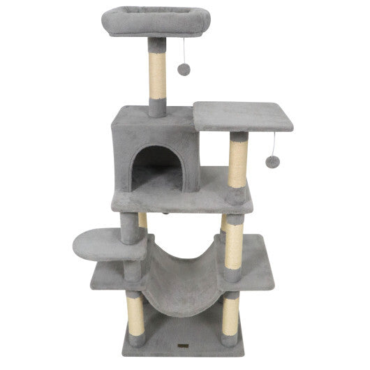 58" Multi-Level Cat Tree Soft Plush Cat Tower with Padded Top Perch-Grey W2B