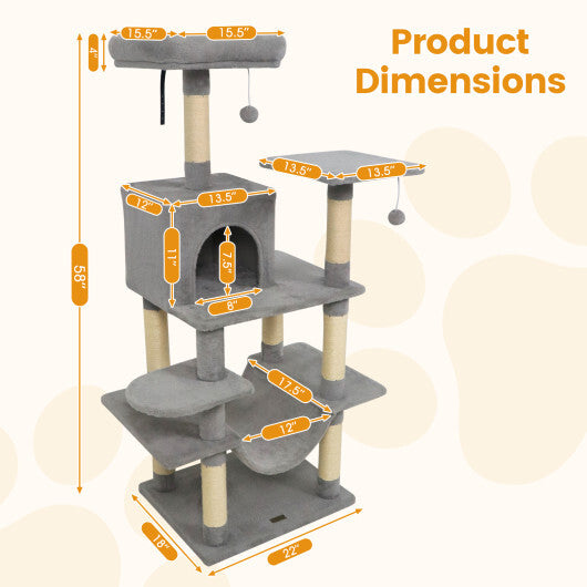 58" Multi-Level Cat Tree Soft Plush Cat Tower with Padded Top Perch-Grey W2B