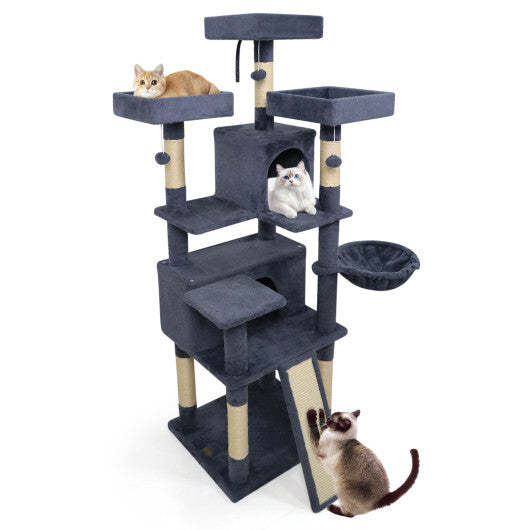 65 Inch Tall Multi-level Cat Tree with 3 Upholstered Perch and 2 Cat Condos-Dark Gray