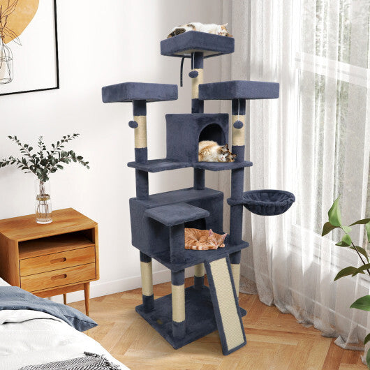 65 Inch Tall Multi-level Cat Tree with 3 Upholstered Perch and 2 Cat Condos-Dark Gray