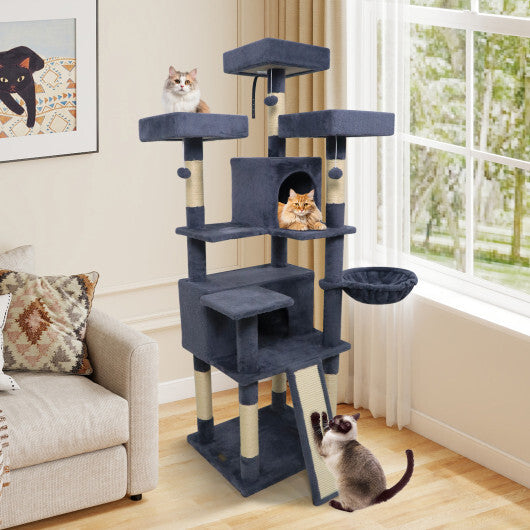 65 Inch Tall Multi-level Cat Tree with 3 Upholstered Perch and 2 Cat Condos-Dark Gray