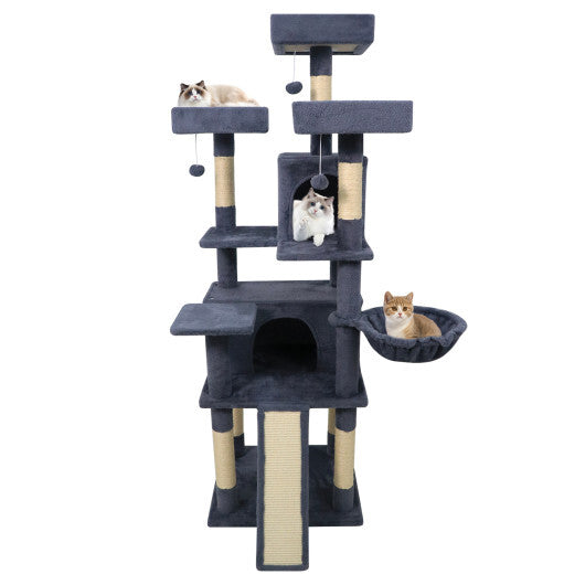 65 Inch Tall Multi-level Cat Tree with 3 Upholstered Perch and 2 Cat Condos-Dark Gray