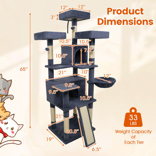 65 Inch Tall Multi-level Cat Tree with 3 Upholstered Perch and 2 Cat Condos-Dark Gray