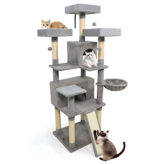 65 Inch Tall Multi-level Cat Tree with 3 Upholstered Perch and 2 Cat Condos-Dark Gray