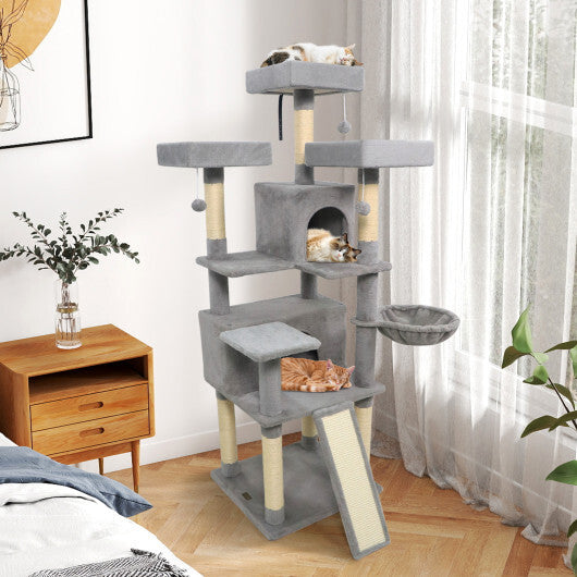 65 Inch Tall Multi-level Cat Tree with 3 Upholstered Perch and 2 Cat Condos-Dark Gray