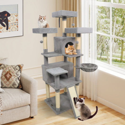 65 Inch Tall Multi-level Cat Tree with 3 Upholstered Perch and 2 Cat Condos-Dark Gray