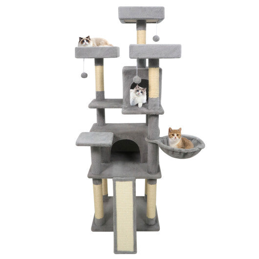 65 Inch Tall Multi-level Cat Tree with 3 Upholstered Perch and 2 Cat Condos-Dark Gray