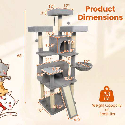 65 Inch Tall Multi-level Cat Tree with 3 Upholstered Perch and 2 Cat Condos-Dark Gray