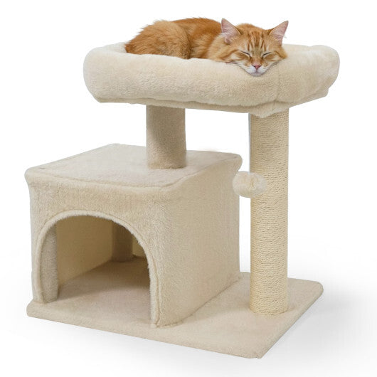 Small Cat Tree with Large Padded Plush Perch for Indoor Cats-Beige