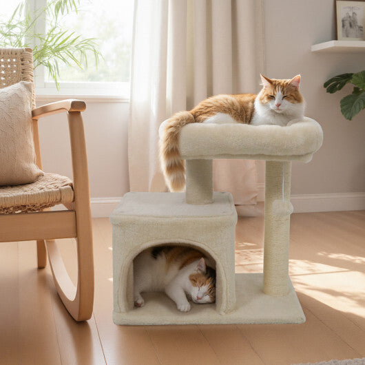 Small Cat Tree with Large Padded Plush Perch for Indoor Cats-Beige