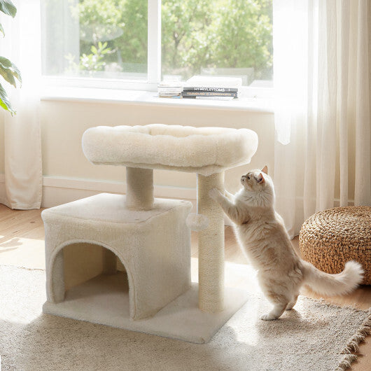 Small Cat Tree with Large Padded Plush Perch for Indoor Cats-Beige