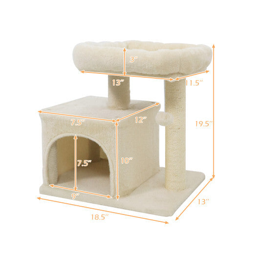 Small Cat Tree with Large Padded Plush Perch for Indoor Cats-Beige