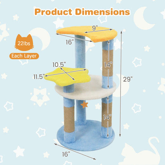29 Inches Cute Modern Cat Tree with Star and Moon Shaped Platforms-Blue W2B