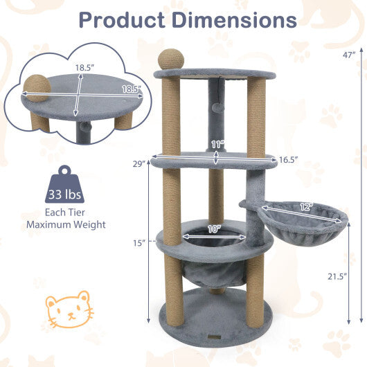 47 Inches Tall Cat Tower with Cat Nest and Scratching Posts-Gray W2B