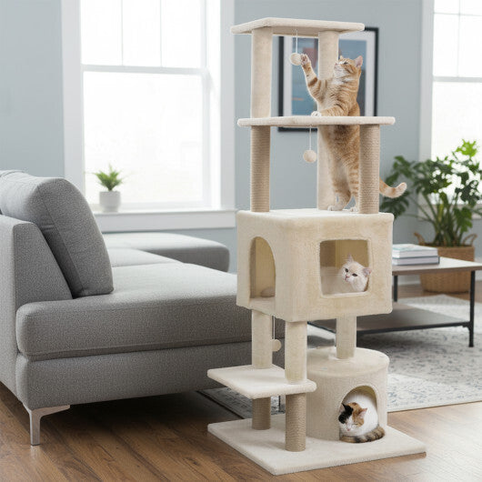 64 Inch Tall Cat Tree with 2 Large Condos and Jute Scratching Posts for Indoor Adult Cats-Beige