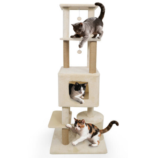 64 Inch Tall Cat Tree with 2 Large Condos and Jute Scratching Posts for Indoor Adult Cats-Beige