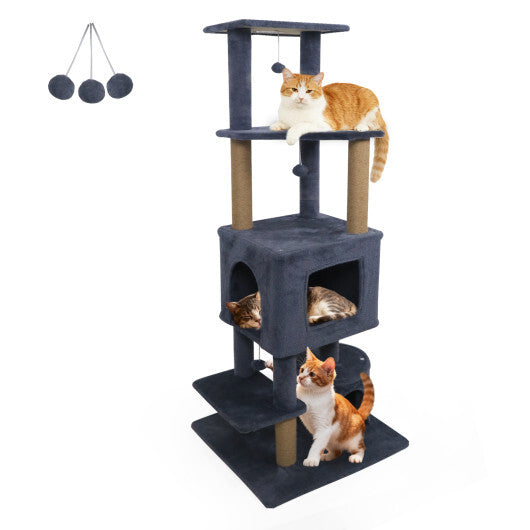 64 Inch Tall Cat Tree with 2 Large Condos and Jute Scratching Posts for Indoor Adult Cats-Beige