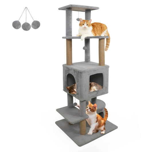 64 Inch Tall Cat Tree with 2 Large Condos and Jute Scratching Posts for Indoor Adult Cats-Beige