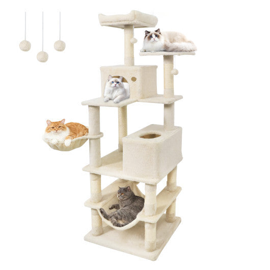 66 Inch Tall Cat Tree Multi-Level Cat Tower with 2 Condos Sisal Scratching Posts-Beige W2B